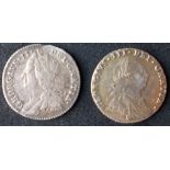 (2) Sixpence. Geo. II. 1757. Edge damage otherwise NF. Geo. III. 1787. NF.