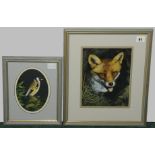 LIZ GARNETT-ORME. Fox & Goldfinch. Acrylic, two. 9" x 7½" & 5" x 7". Signed.