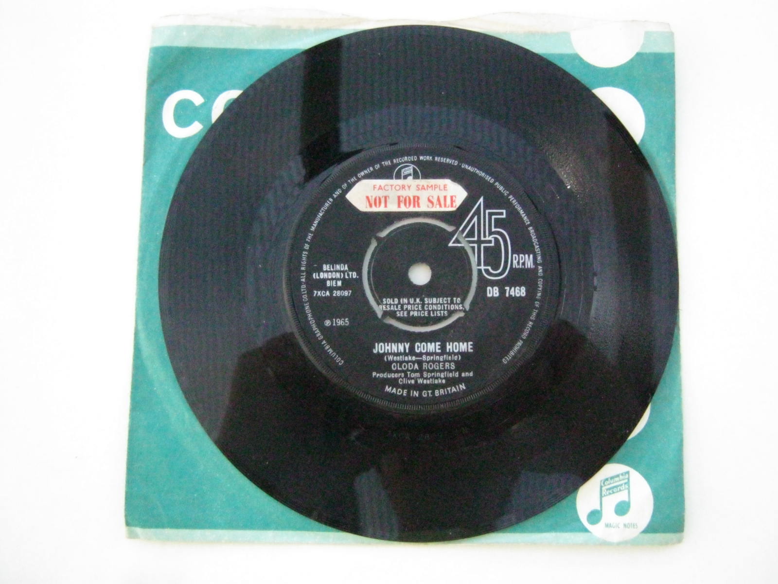 Cloda Rogers, Wanting You/Johnny Come Home, Columbia DB 7468 45rpm record, in company sleeve, 1965.