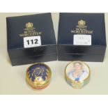 Two Royal Worcester porcelain commemorative circular trinket boxes for the 50th Anniversary of the