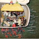 Box of Britains, etc. lead farm animals & figures, plus Thillco miniature coronation figure.