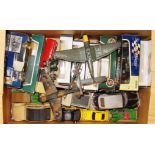 Box of various diecast vehicles, planes etc. Some boxed.