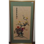 20th century Chinese polychrome silk on silk embroidery of a peacock & flowering tree with