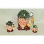 Set of three Royal Doulton character jugs: "The Sleuth", D6631, 7" high; D6635, 3¼" high & D6639,