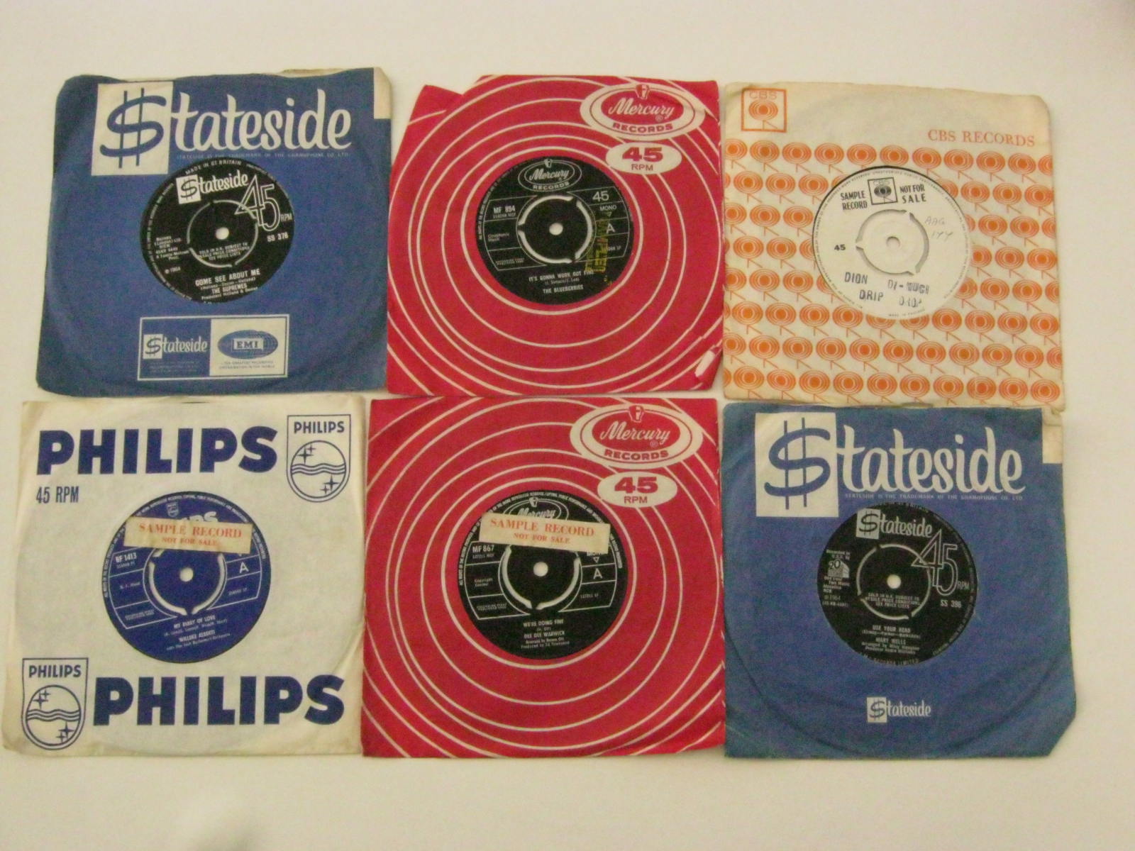 1960s, 45rpm records, qty 6, to include The Blueberries Mary Wells, Dion, most in company sleeves.