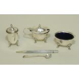 Three piece silver cruet set, E.W.L., London, 1939 & a silver "Yard-O-Led" propelling pencil.