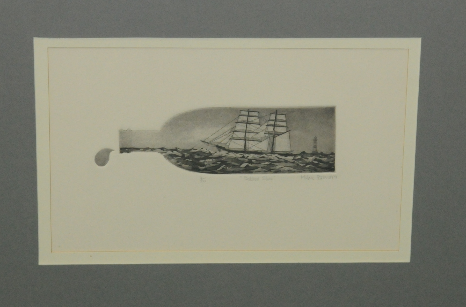 "Bottled Ship", an original monochrome etching by Mike Brown, no.