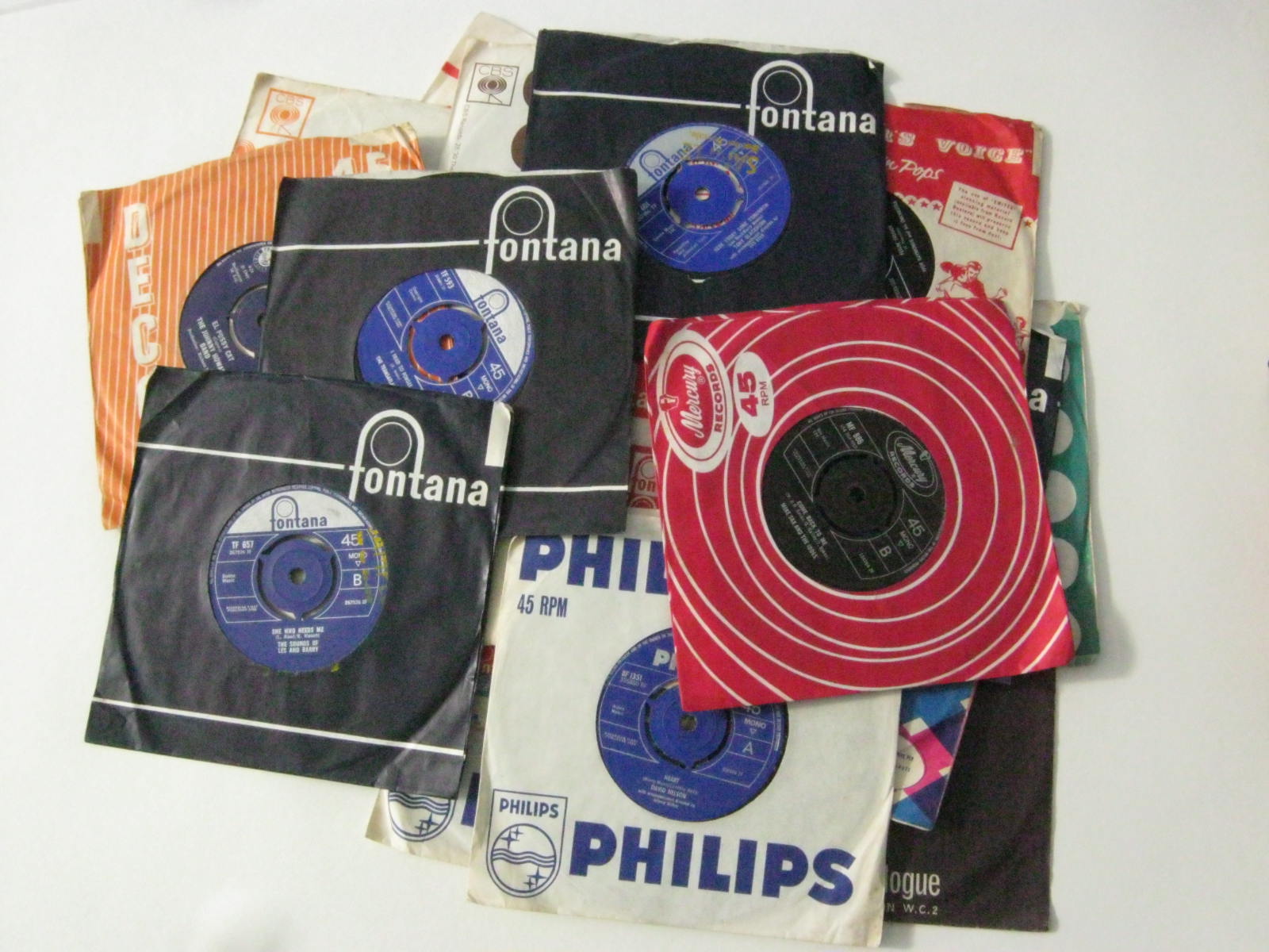 1960s, 45rpm records, qty 25, most in company sleeves.