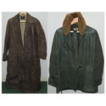 Early 20th century green belted leather "Adastra" car coat with sheepskin collar & green woollen