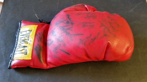 BOXING, multiple signed red Everlast boxing glove, by Muhammad Ali, Joe Frazier, Mike Tyson, Evander