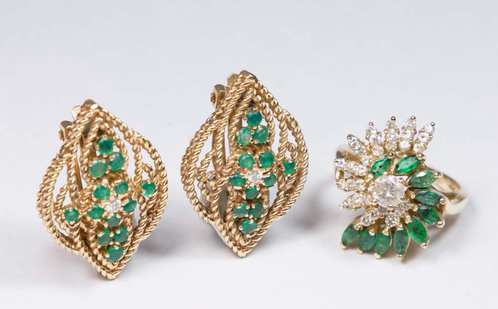 14K Gold & Emerald Earrings & Ring