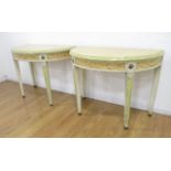 Pair Faux Marble Painted Demilune Console Tables