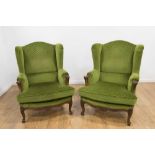 Pair Wing Back Green Upholstered Chairs