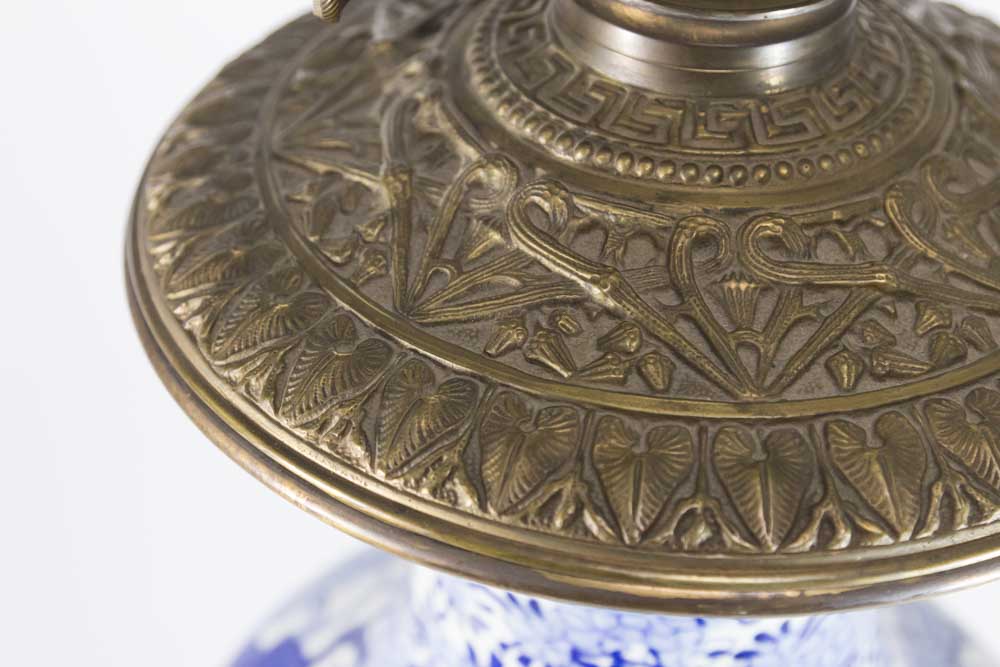 Japanese Bronze & Porcelain Blue & White Lamp - Image 6 of 7