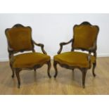 Pair Italian Carved Walnut Open Arm Chairs