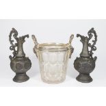 Pair Metal Ewers & Glass Ice Bucket
