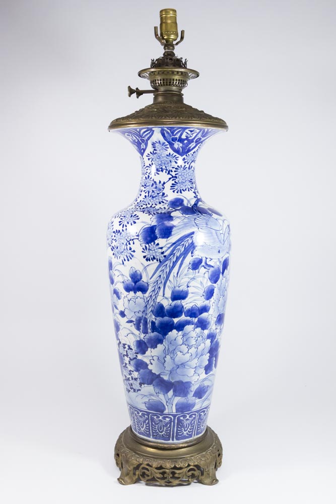 Japanese Bronze & Porcelain Blue & White Lamp