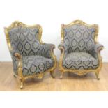 Pair Rococo Style Giltwood Bergeres
