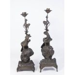 Pair Oriental Bronze Candlesticks with Birds