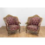 Pair Rococo Style Giltwood Bergeres