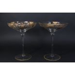 Pair Large Incised Glass Compotes with Gilding