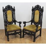 Pair Carved Oak Figural Throne Chairs