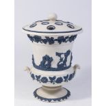 White Jasperware Vase w/ Blue Cherubs & Frog Cover