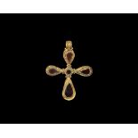 Byzantine Gold and Garnet Lobed Cross Pendant