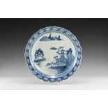 Japanese Large Landscape Blue and White Dish