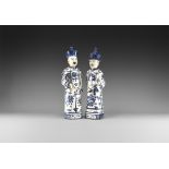 Chinese Blue and White Qing Emperor Porcelain Figure Pair