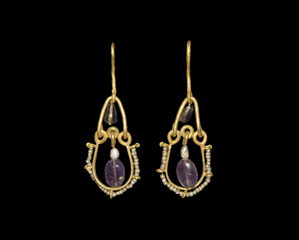 Byzantine Gold Earrings with Amethysts and Pearls
