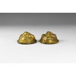 Chinese Gilt Lion Scroll Weight Pair