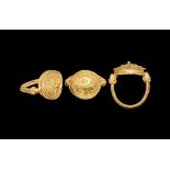 Greek Gold Filigree Ring with Lion Terminals