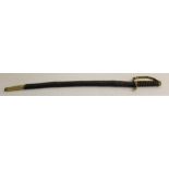 A Victorian Police sword with leather scabbard. Having a 60cms curved blade. Brass mount to the