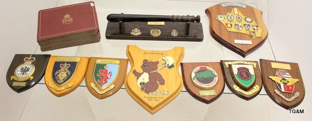 A collection of military plaques and others  & a truncheon on a stand presented to Major General P.