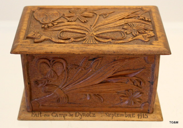 A WW1 P.O.W carved wooden box. Dyrotz Camp, Germany September 1915