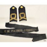 An original HM Patrol Vessels cap tally 34 inches long with a pair of Naval epaulettes