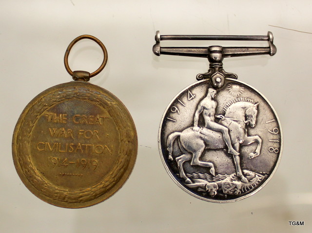 A WW1 medal pair named to 3-8081 Acting Corporal R Russell of the Northumberland Fusiliers who - Image 2 of 2