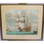 A Mark Myers 1982 framed print depicting the Mary Rose off Southsea Castle 61 x 69cm