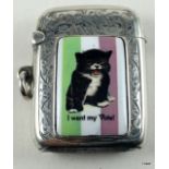 A silver vesta case with suffragette enamel plaque 'I want my Vote'