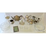 A  box of silver plated items, some glass wear and a wooden water cooler with brass tap