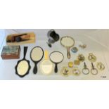 A mixed lot to include hand mirrors, sugar scoop, horse brasses, oriental pot, pipes, marbles,