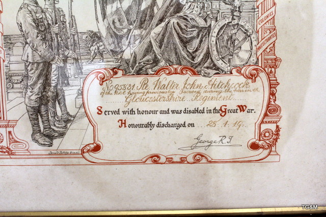 A Honourable Discharge Certificate named to 95831 Private Walter John Hitchcock of the Gloucester - Image 2 of 3