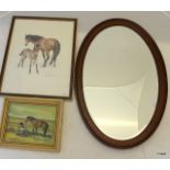 A bevel edged oval wall hanging mirror and limited edition print by a Oxenhammare and foal oil on