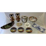 A mixed collection of pottery and china to include Aboriginal dish, Oriental plates and a pair of