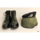 AFV crew Helmet, British Army Ammunition Boots size 11m, Beret with Royal Engineers badge