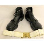 British Army Ammunition boots size 12 L, white leather belt with brass buckle stamped ' Dieu Et