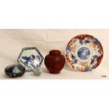 A Chinese Cinebarr charger , cloisonne pot, stone perfume bottle, Chinese plate and dish