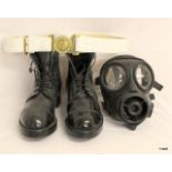 British army Ammunition boots size 7L, white leather belt with brass buckle stamped and an S10