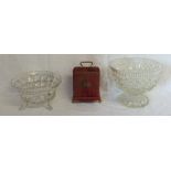 A Pair of Crystal Glass Scottish Oil Bottles in Carry Case + 2 x Cut Glass Centre Bowls